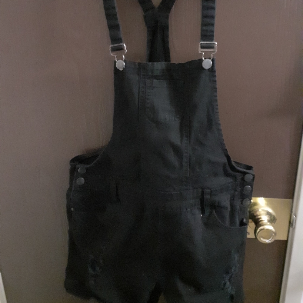 Black distressed shorts overalls